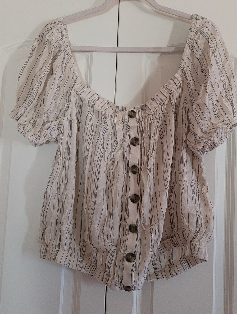 NWT AE Light Cream Striped Button-Front Peasant Top